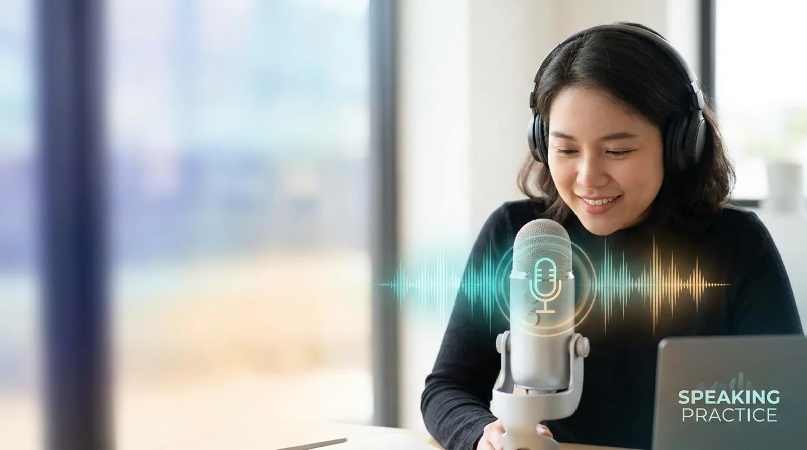 A person practicing spoken English with headphones while a soft glowing microphone and waveform motif suggests real-time AI pronunciation feedback.