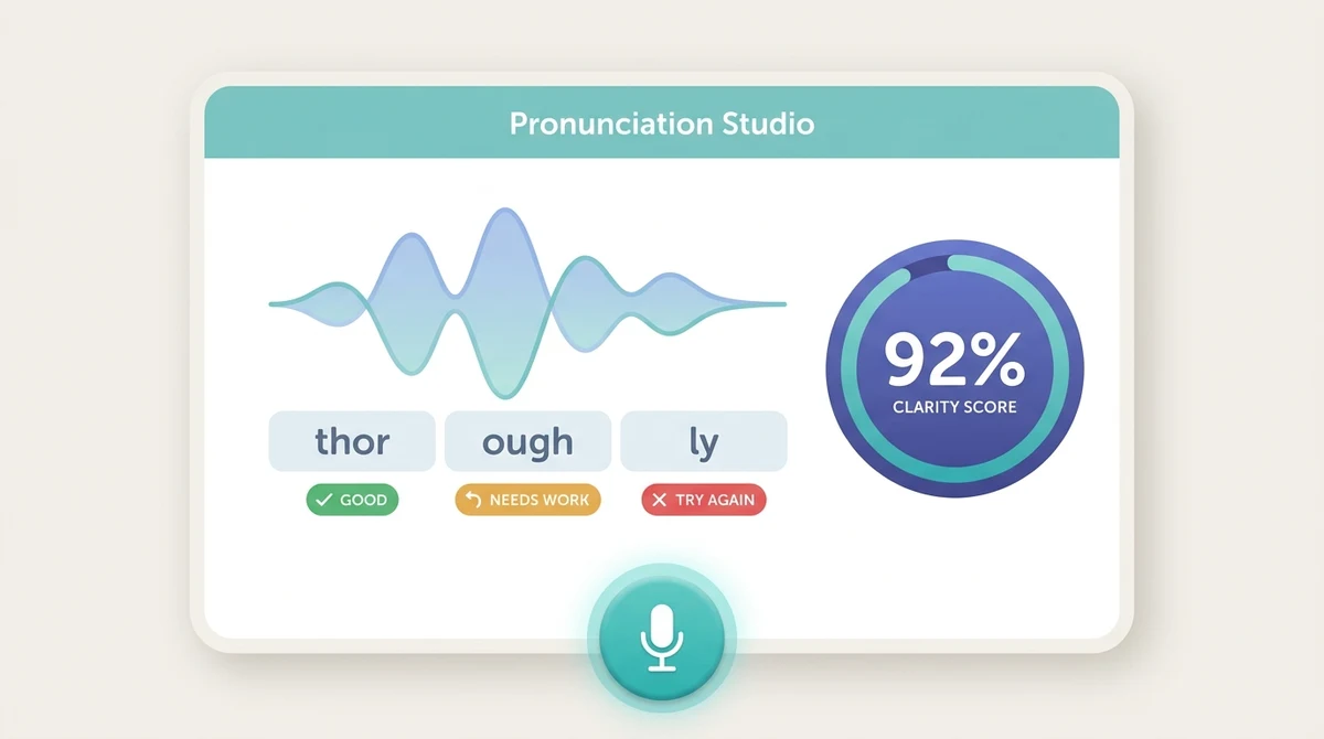 Illustrative Pronunciation Studio interface showing a spoken word broken into syllables with color-coded scores, a 92 percent clarity ring, and a microphone button.