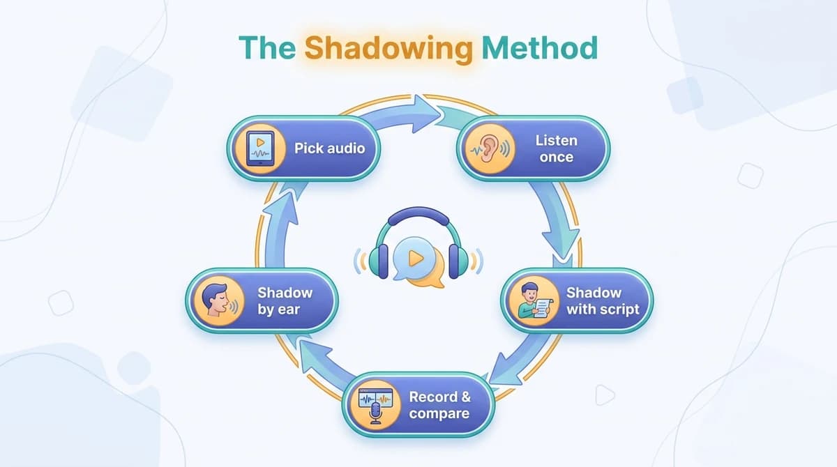 A circular five-step diagram of the shadowing method: pick audio, listen once, shadow with the script, shadow by ear, then record and compare.