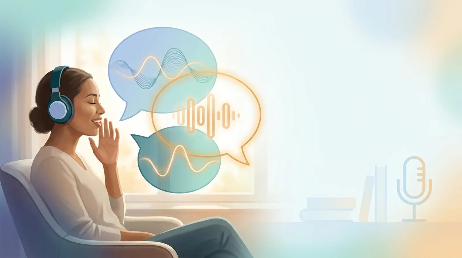 A person shadowing audio with headphones, with two overlapping speech bubbles suggesting the echo and rhythm of the shadowing technique for English fluency.