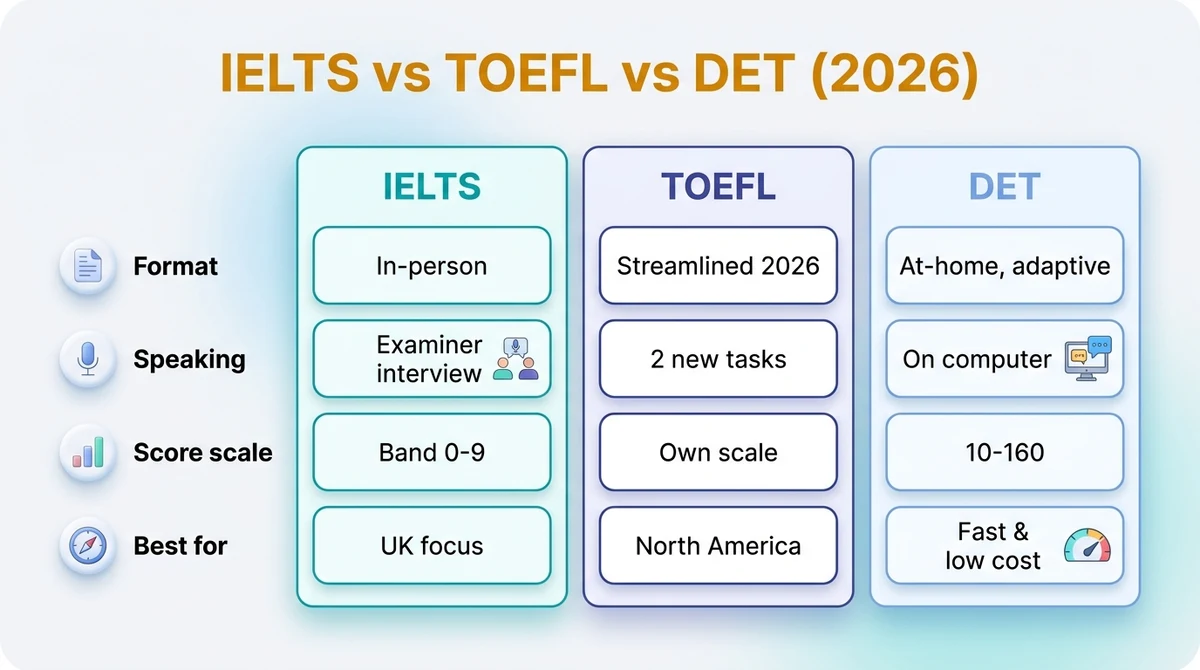 A comparison table of IELTS, TOEFL, and the Duolingo English Test covering format, speaking, score scale, and who each test is best for in 2026.