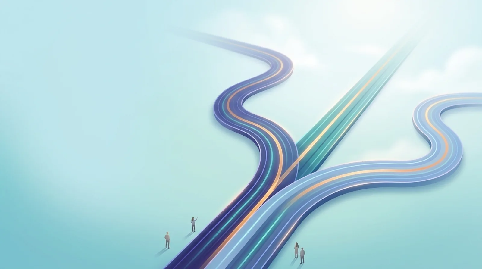 Three diverging paths under a bright sky, representing the choice between IELTS, TOEFL, and the Duolingo English Test in 2026.