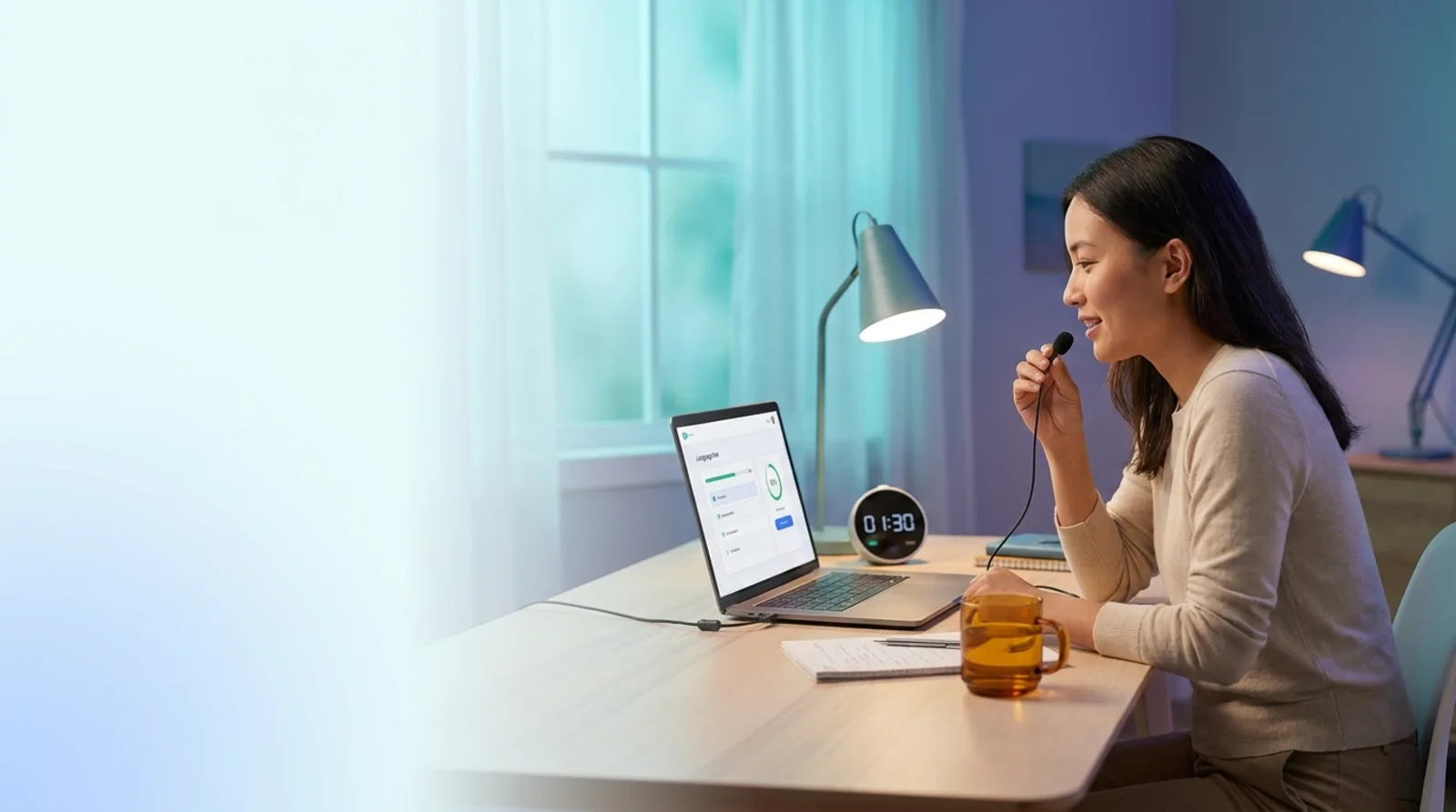 A focused learner practicing speaking alone at a tidy desk with a laptop and stopwatch, capturing the calm determination of solo TOEFL speaking practice.