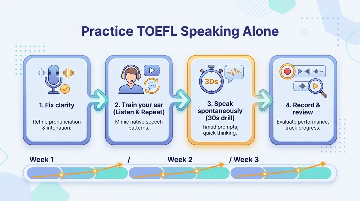 A four-step flow diagram for practicing TOEFL speaking alone: fix clarity, train your ear, speak spontaneously with a thirty-second drill, then record and review, across three weeks.